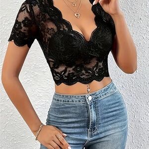 Black Lace Crop Top New Short Sleeve V Neck Festival Dressy Party